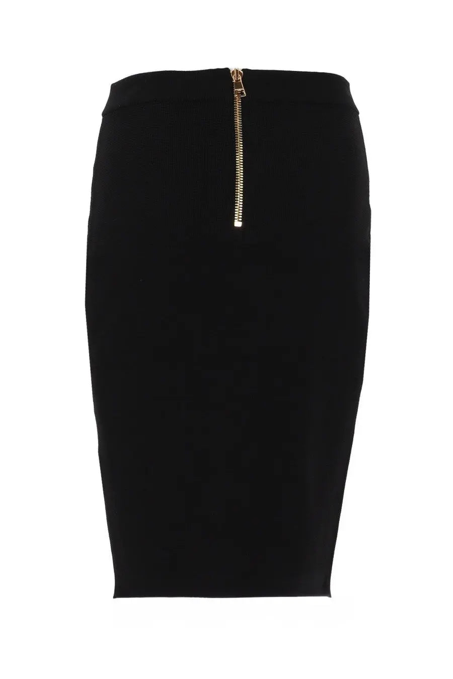 Back view of balmain women’s black midi pencil skirt with gold-toned zipper detail