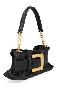 Balmain women’s mini anthem black leather handbag with gold-tone buckle and chain strap