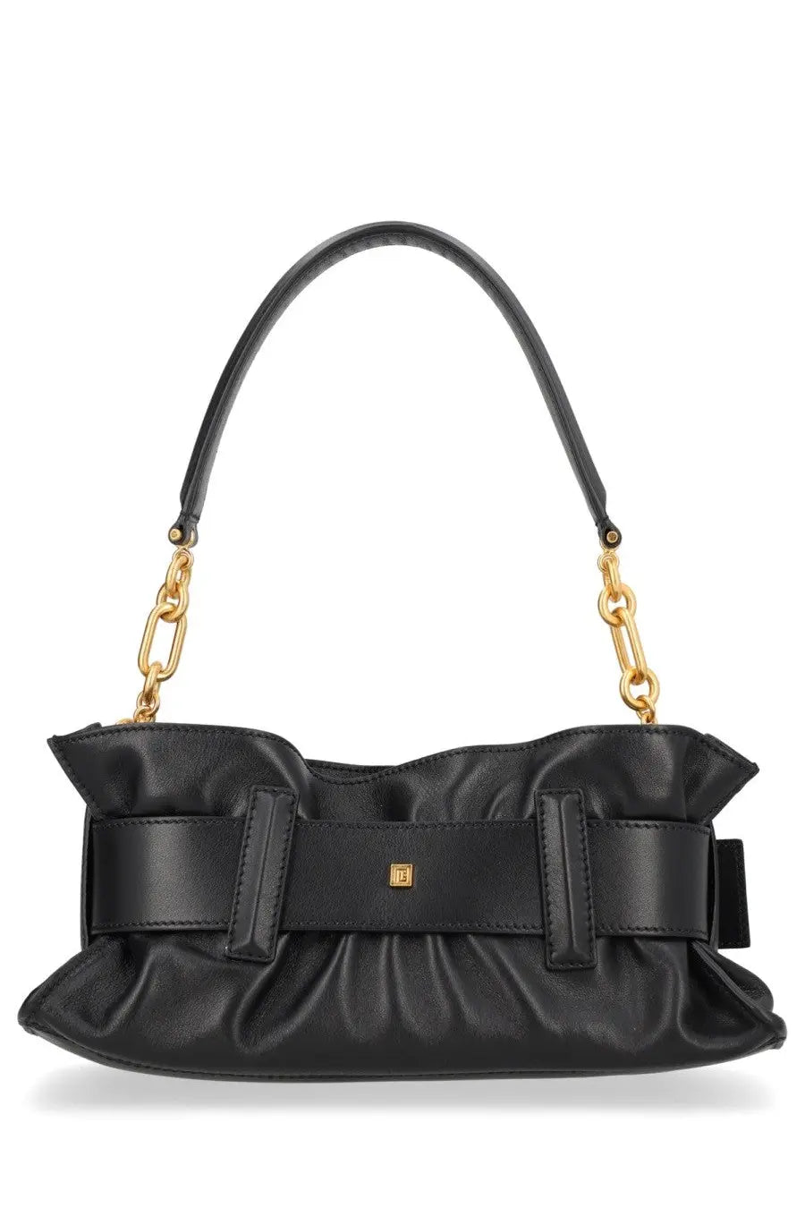 Balmain women’s mini anthem black leather handbag with gold-tone chain strap and central belt-style detail