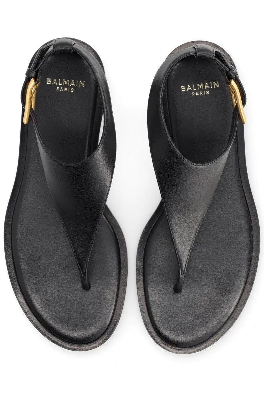 Balmain women’s sandal anthem black leather thong sandals with gold-tone metal accents and balmain paris logo insole