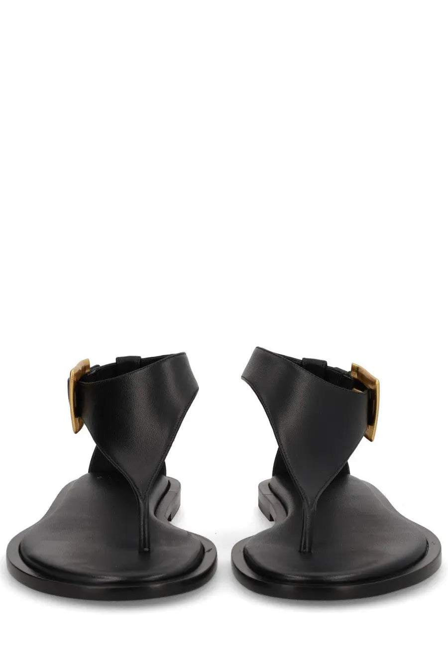 Balmain women’s black leather thong sandals with gold-tone rectangular buckles and open toe design