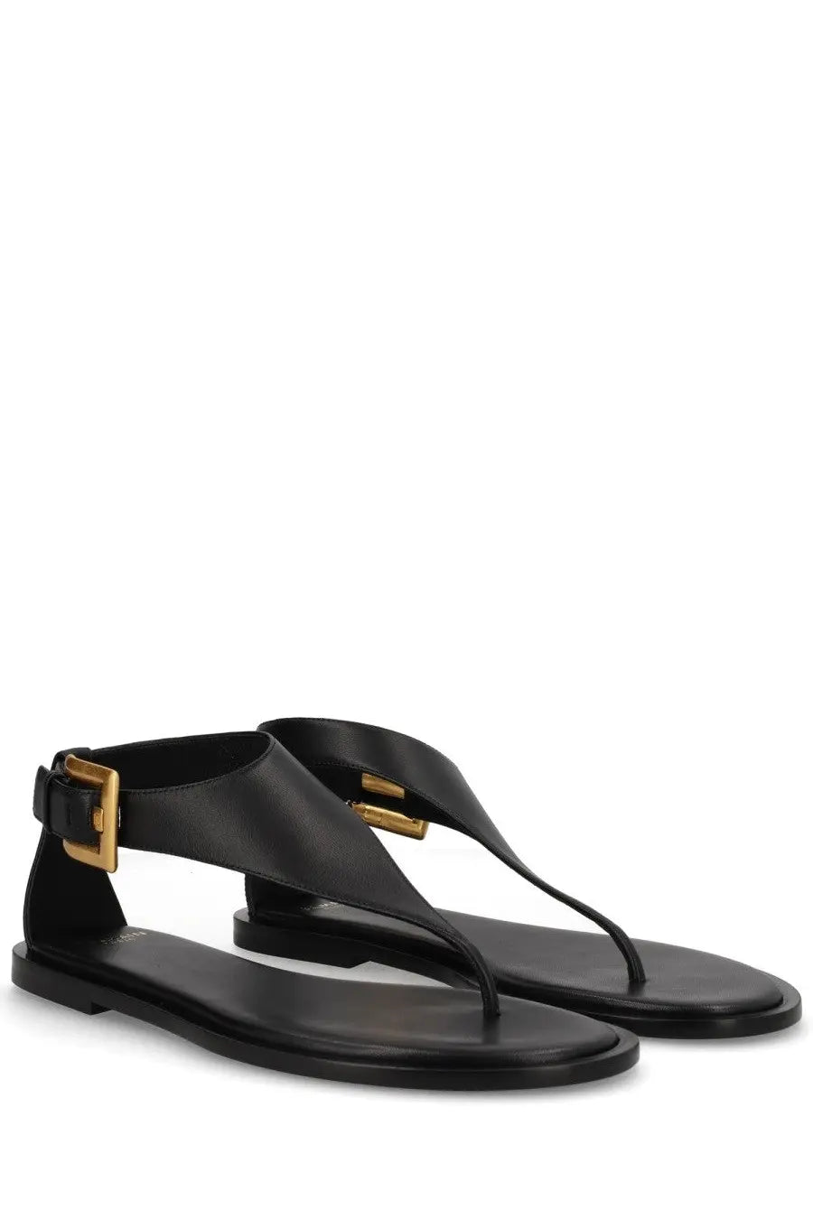 Balmain women’s sandal anthem black leather thong sandals with gold-tone buckle accents front view
