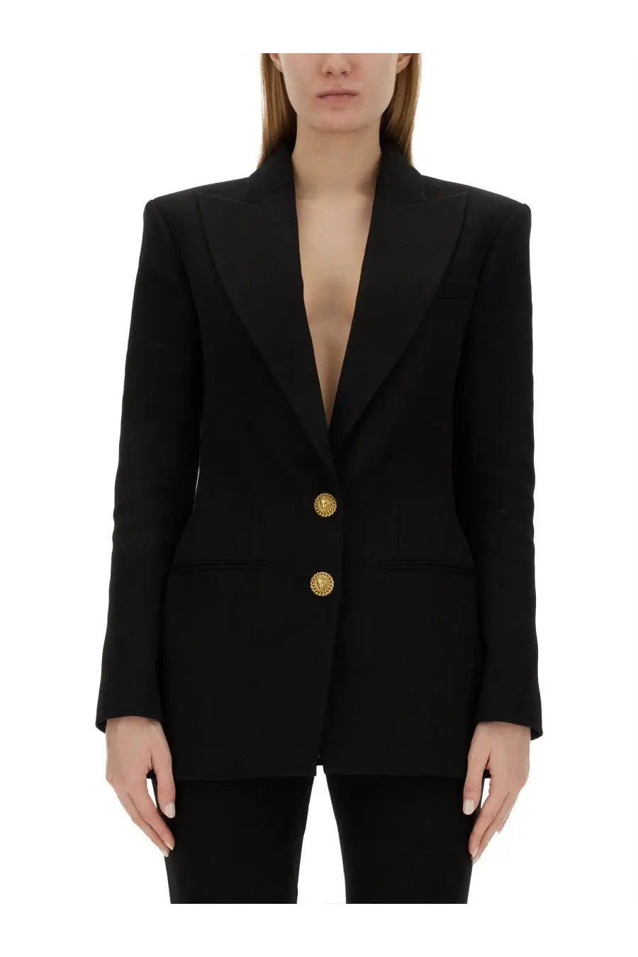 Balmain women’s single breasted black blazer with structured shoulders and gold toned buttons in refined fabric