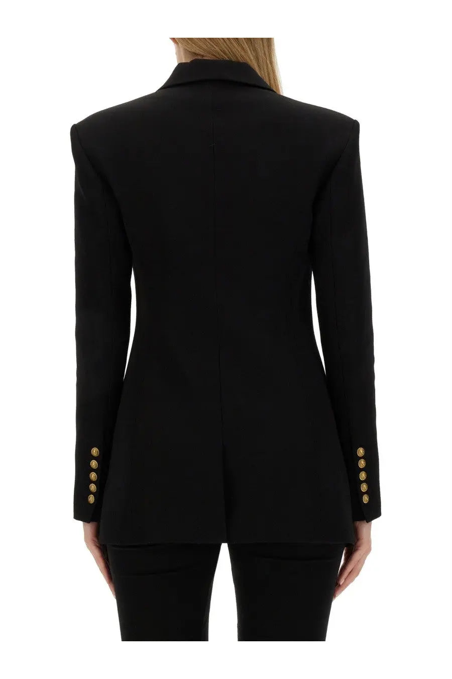 Black tailored balmain women’s single breasted jacket with gold-tone buttons on cuffs and shoulders