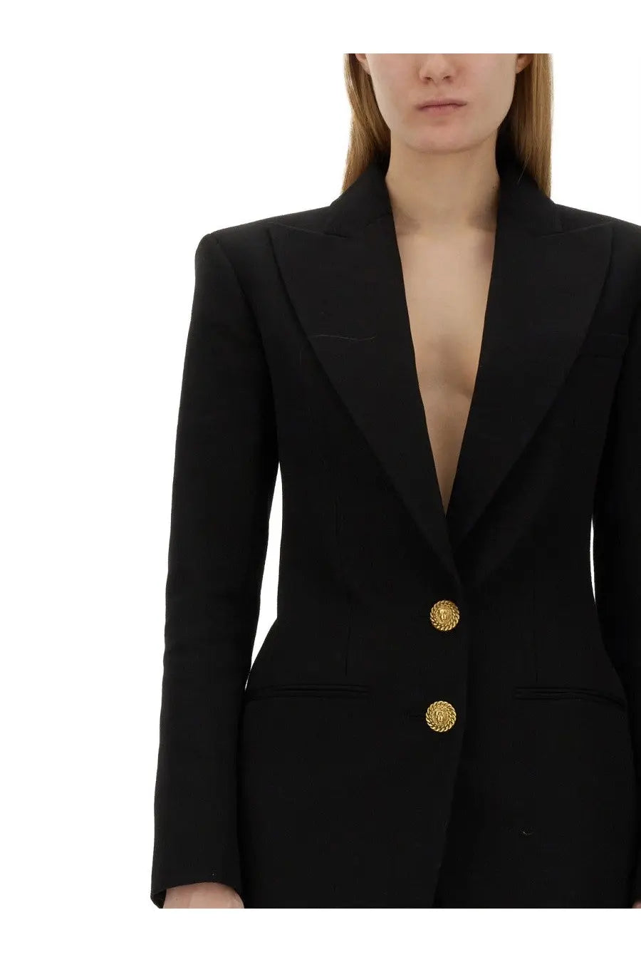 Balmain women’s black single breasted tailored blazer with gold toned ornate buttons