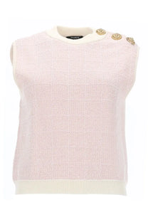 Balmain women’s sleeveless pale pink top with cream ribbed collar cuffs and three gold buttons on the shoulder
