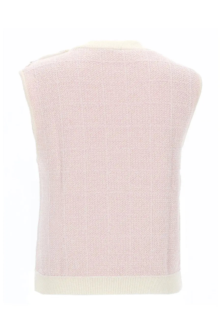 Balmain women’s sleeveless top blue with a soft pink knitted vest featuring textured pattern and cream ribbed trim