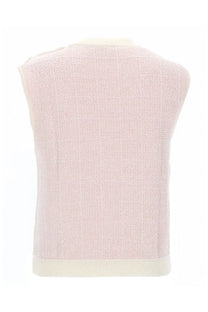 Balmain women’s sleeveless top blue with a soft pink knitted vest featuring textured pattern and cream ribbed trim