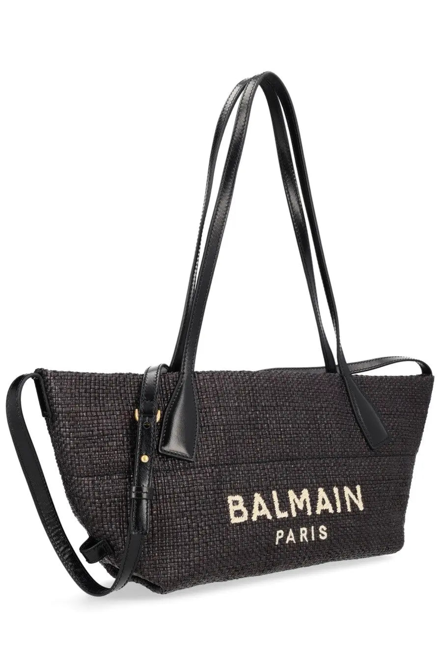 Balmain women’s small track bag black woven tote with gold tone balmain paris lettering and black leather handles