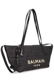 Balmain women’s small track bag black woven tote with gold tone balmain paris lettering and black leather handles
