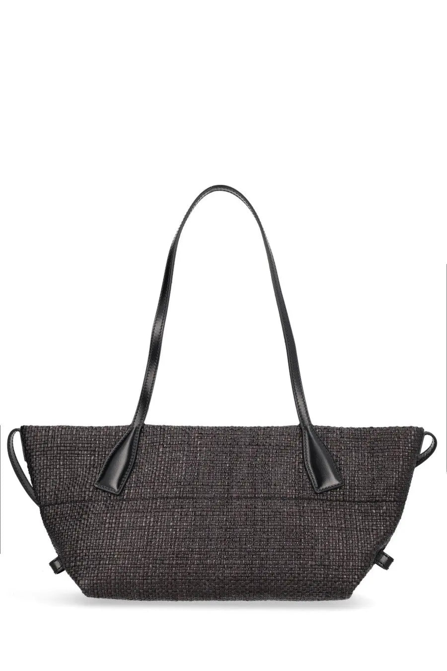 Balmain women’s small track bag black woven tote with sleek leather handles and subtle side ties