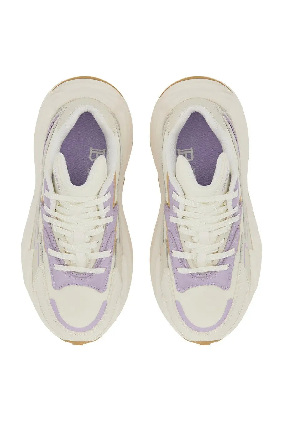 Balmain women’s cream and lavender high-top sneakers with chunky sole design in white for stylish casual wear