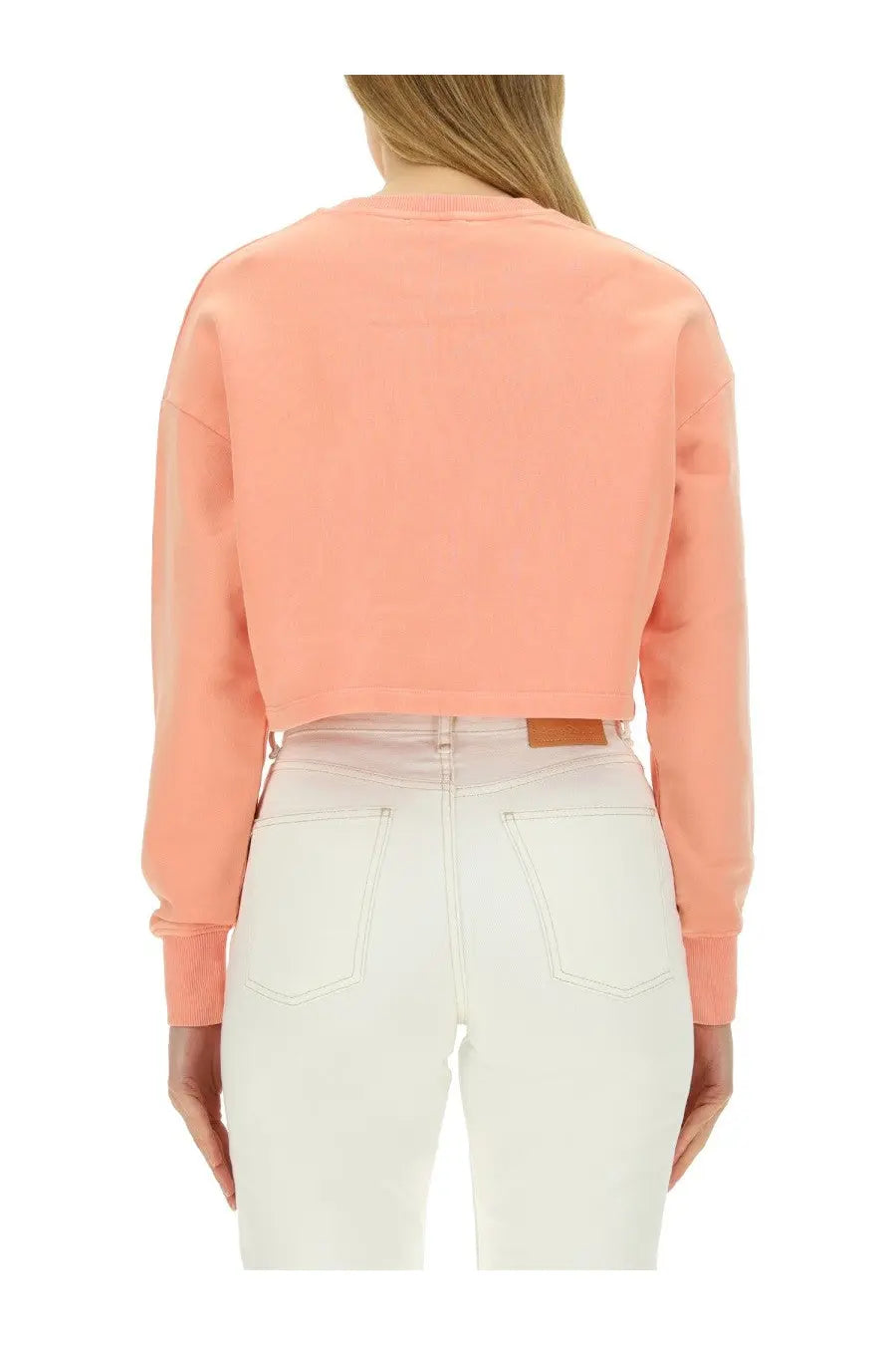 Coral-colored cropped sweatshirt with long sleeves and ribbed cuffs in balmain women’s sweatshirt blue collection