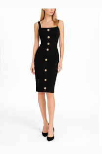Balmain women’s black sleeveless pencil dress with square neckline and gold-toned buttons down the front