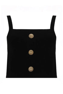 Balmain women’s black velvet crop top with three gold toned ornate buttons down the front