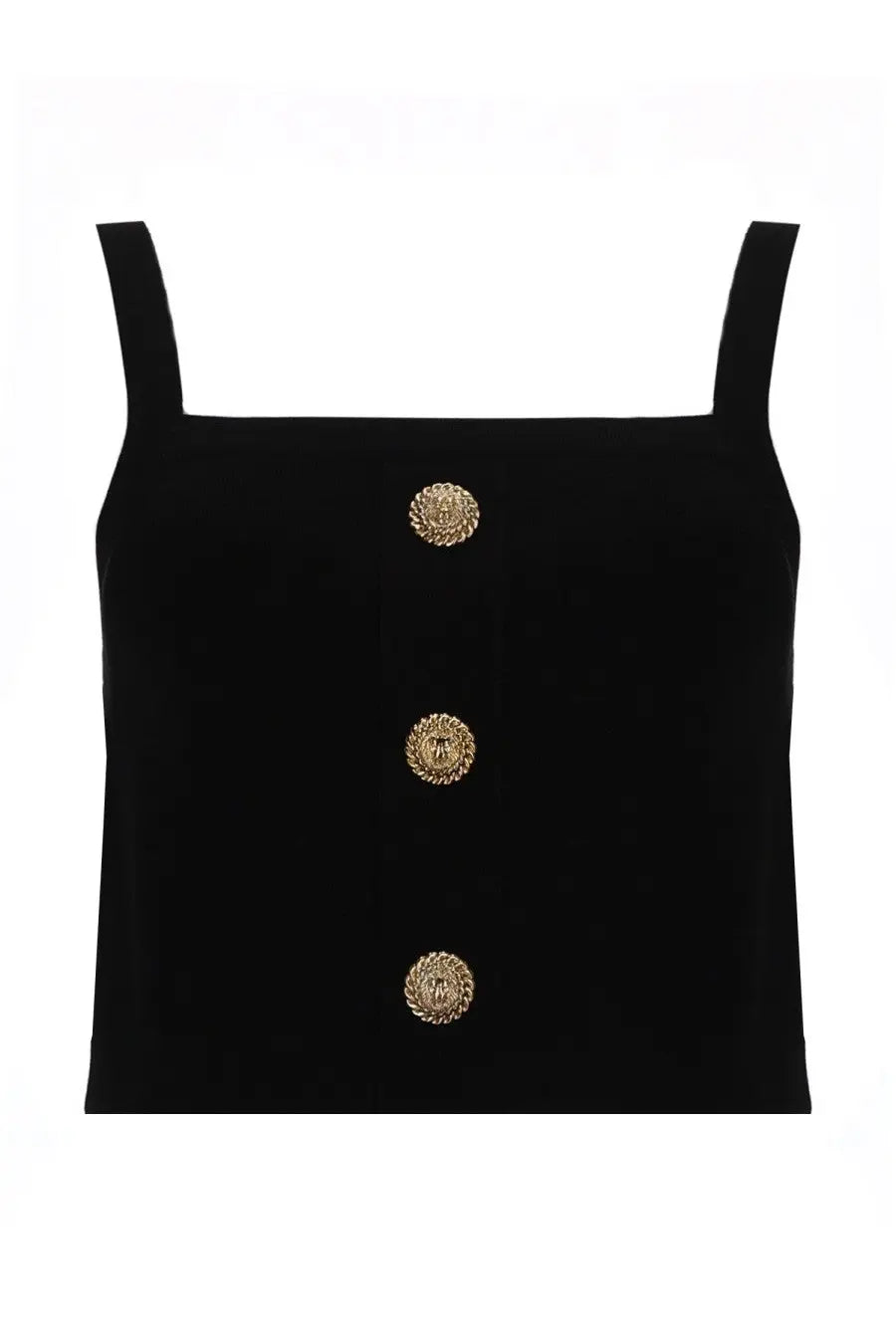Balmain women’s black velvet crop top with three gold-toned ornate buttons down the front