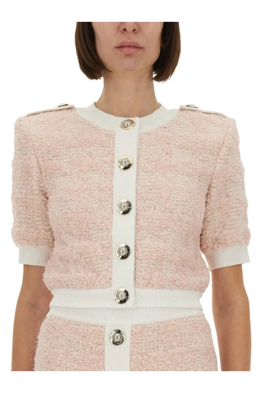 Balmain women’s blush pink tweed cropped cardigan with white ribbed trim and gold toned buttons