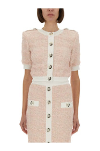 Balmain women’s tweed cardigan blue with blush pink tweed two-piece suit featuring white ribbed trim and silver buttons