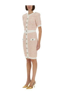 Balmain women’s blue tweed cardigan with silver buttons and white trim in sheath dress style with front pockets