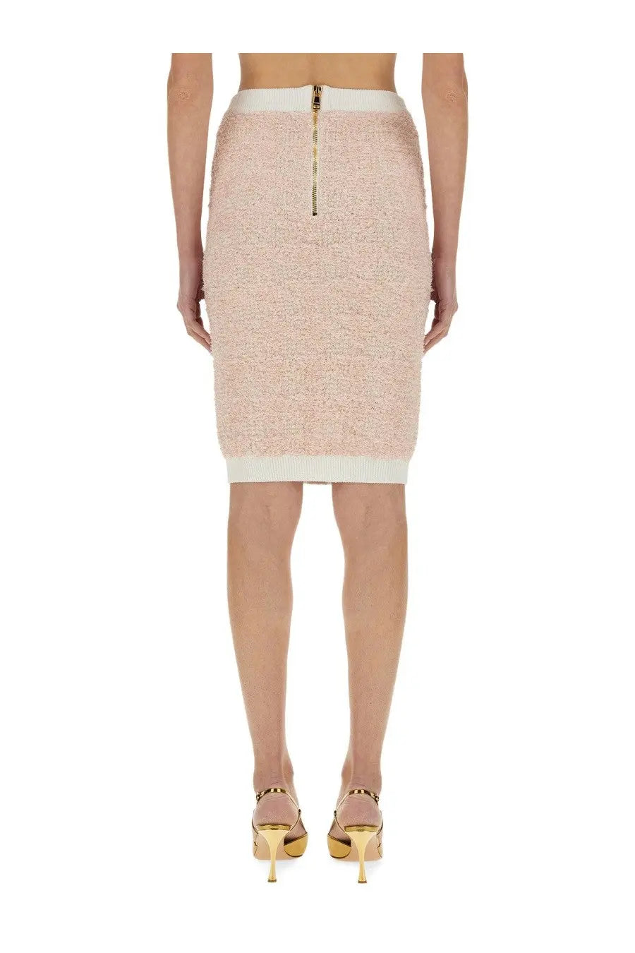 Balmain women’s tweed midi skirt blue showing the back side with blush pink textured knit pencil design and gold zipper