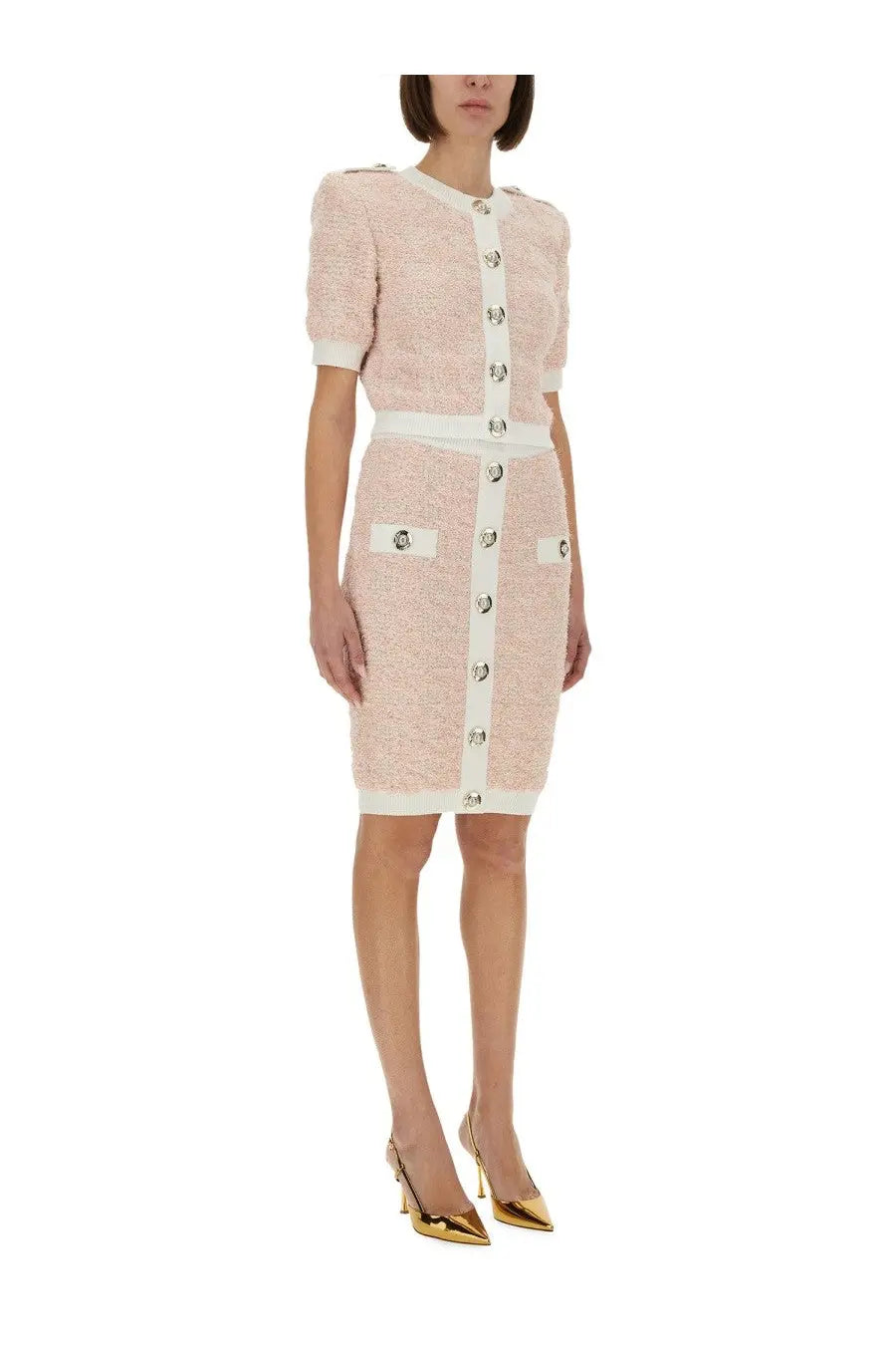 Balmain women’s tweed midi skirt in blue featuring silver buttons down the front and white trimmed pockets