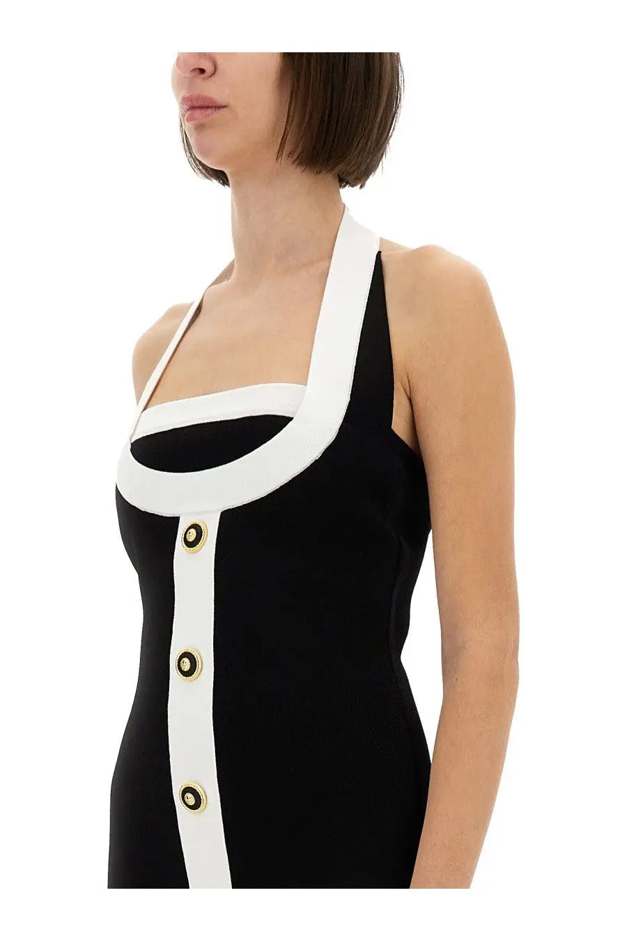 Balmain women’s two tone black and white halter neck dress with gold toned buttons down the front