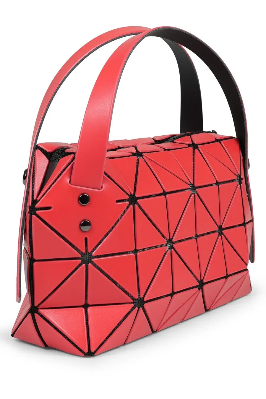 Bao Bao Issey Miyake women’s geometric handbag in vibrant red with black stitching and metallic hardware Boston red color