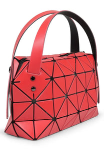 Bao Bao Issey Miyake women’s geometric handbag in vibrant red with black stitching and metallic hardware Boston red color