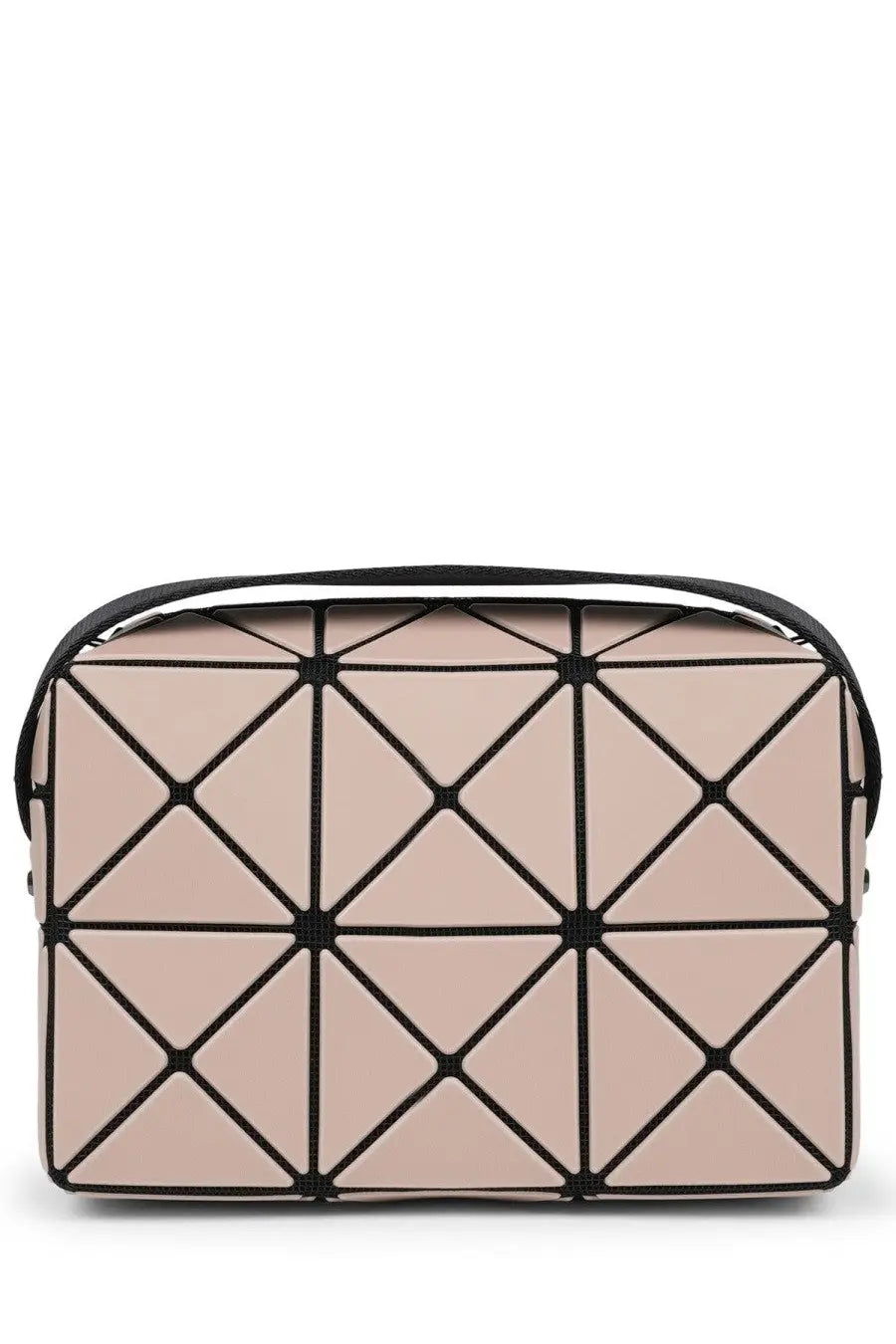 A blush pink geometric-patterned baobao issey miyake women’s cuboid bag with black seams and matching handle