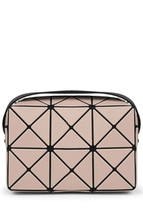 A blush pink geometric-patterned baobao issey miyake women’s cuboid bag with black seams and matching handle