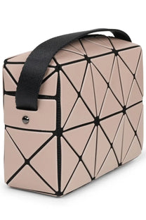 Beige geometric-patterned baobao issey miyake women’s handbag with black straps and zipper accents in cuboid design