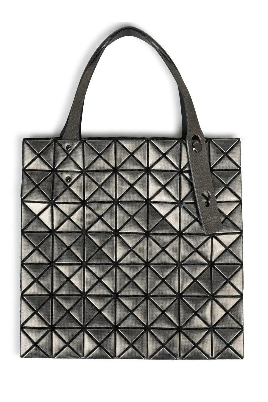 Bao bao issey miyake women’s borsa tote in platinum grey with black geometric pattern and sleek metallic finish