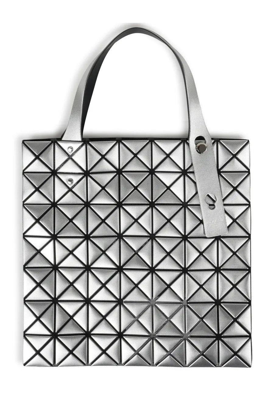 Bao Bao Issey Miyake women’s borsa tote in platinum silver with silver geometric pattern black-trimmed handles and hardware
