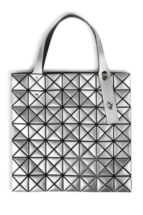 Bao Bao Issey Miyake women’s borsa tote in platinum silver with silver geometric pattern black-trimmed handles and hardware