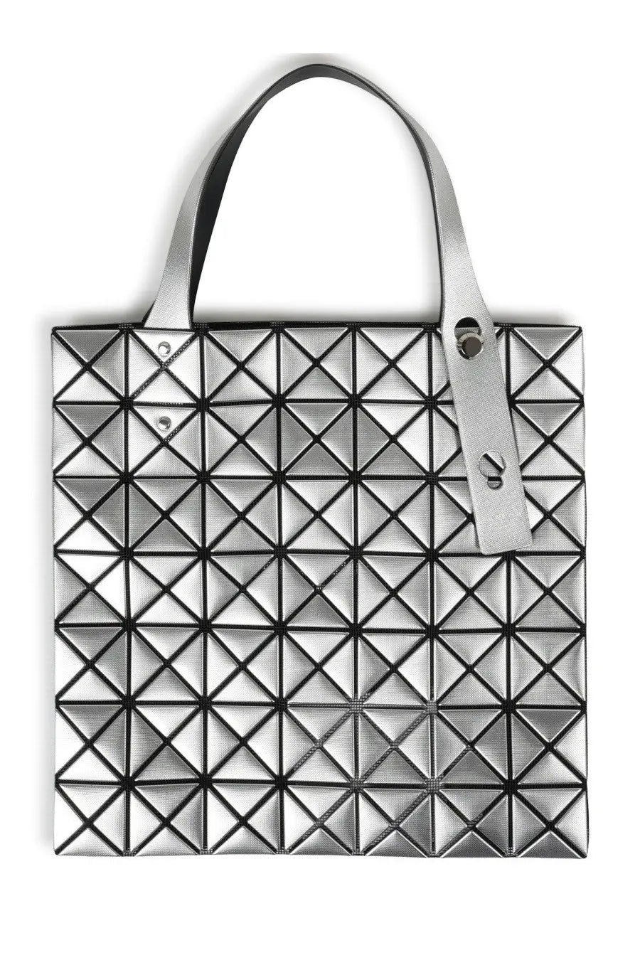 Bao Bao Issey Miyake women’s borsa tote in platinum silver with silver geometric faceted design and black-trimmed handles