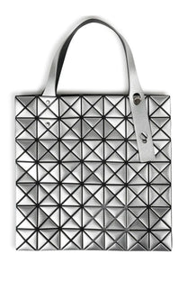 Bao Bao Issey Miyake women’s borsa tote in platinum silver with silver geometric faceted design and black-trimmed handles
