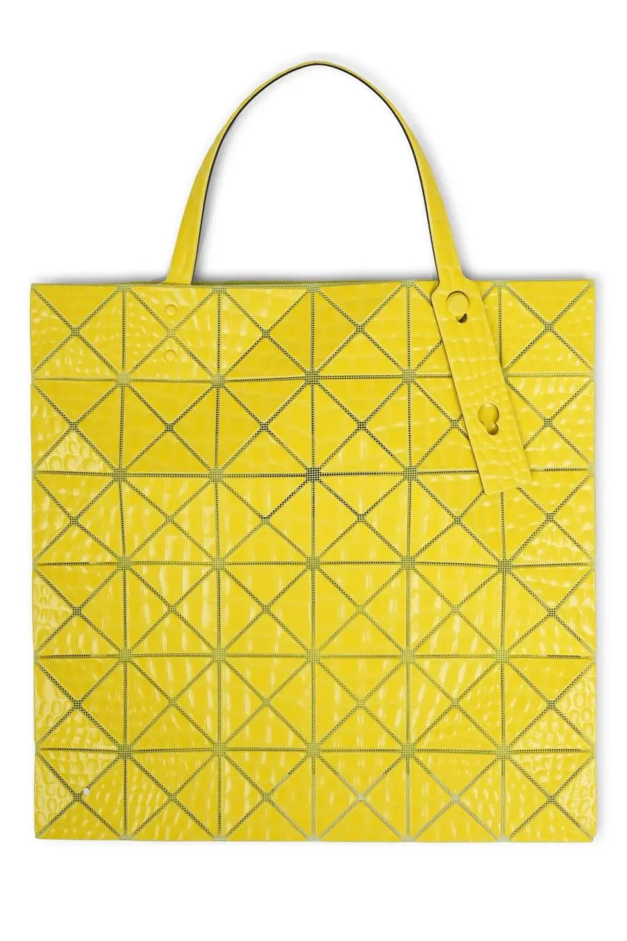 Bright yellow geometric-patterned glossy tote bag with structured triangular design by Bao Bao Issey Miyake