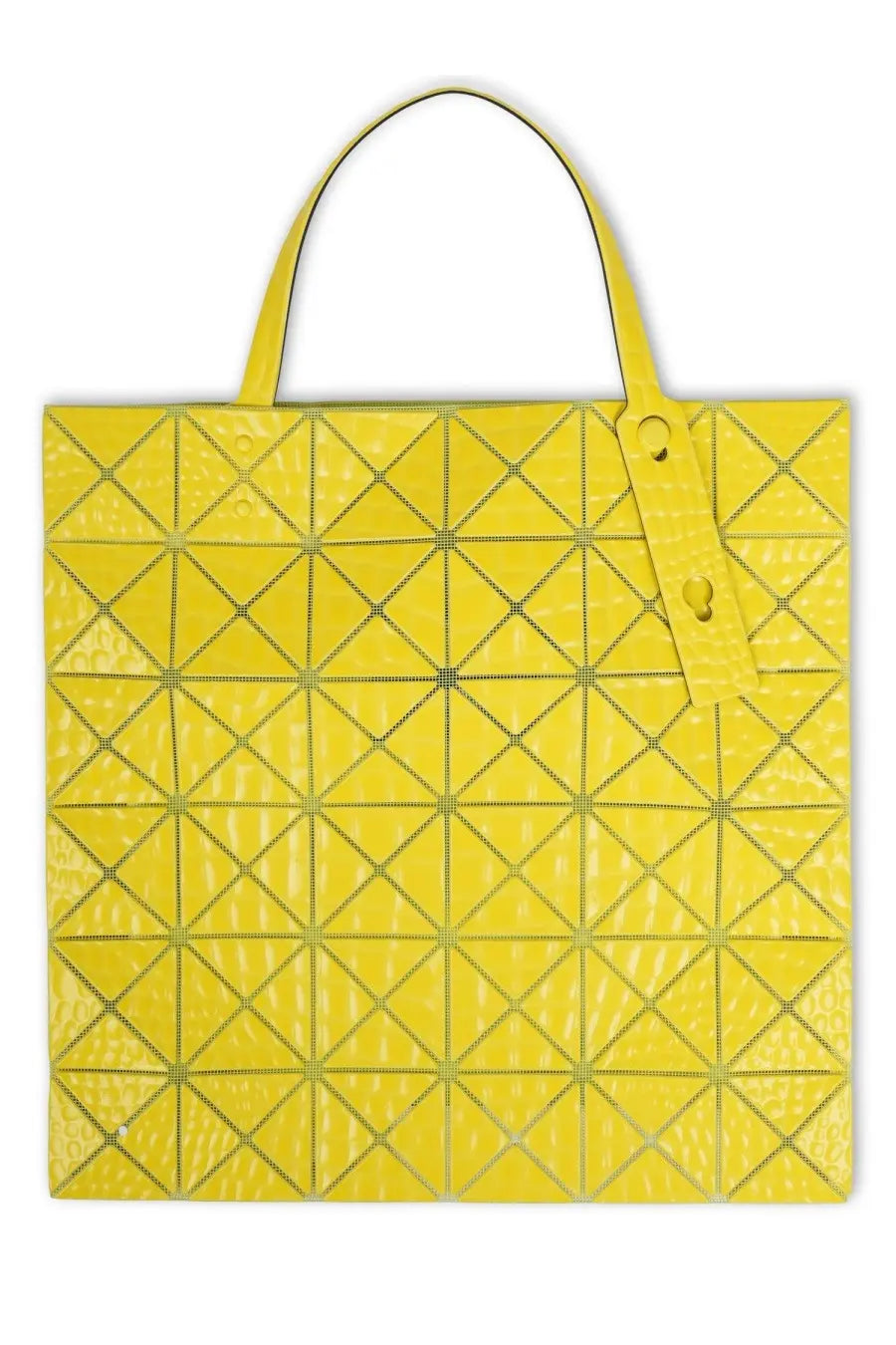 Bright yellow glossy Bao Bao Issey Miyake women’s Kaiju tote bag with geometric triangular design and matching handles