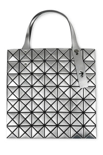 Bao Bao Issey Miyake women’s platinum tote bag silver with silver geometric triangular panel design and black stitching