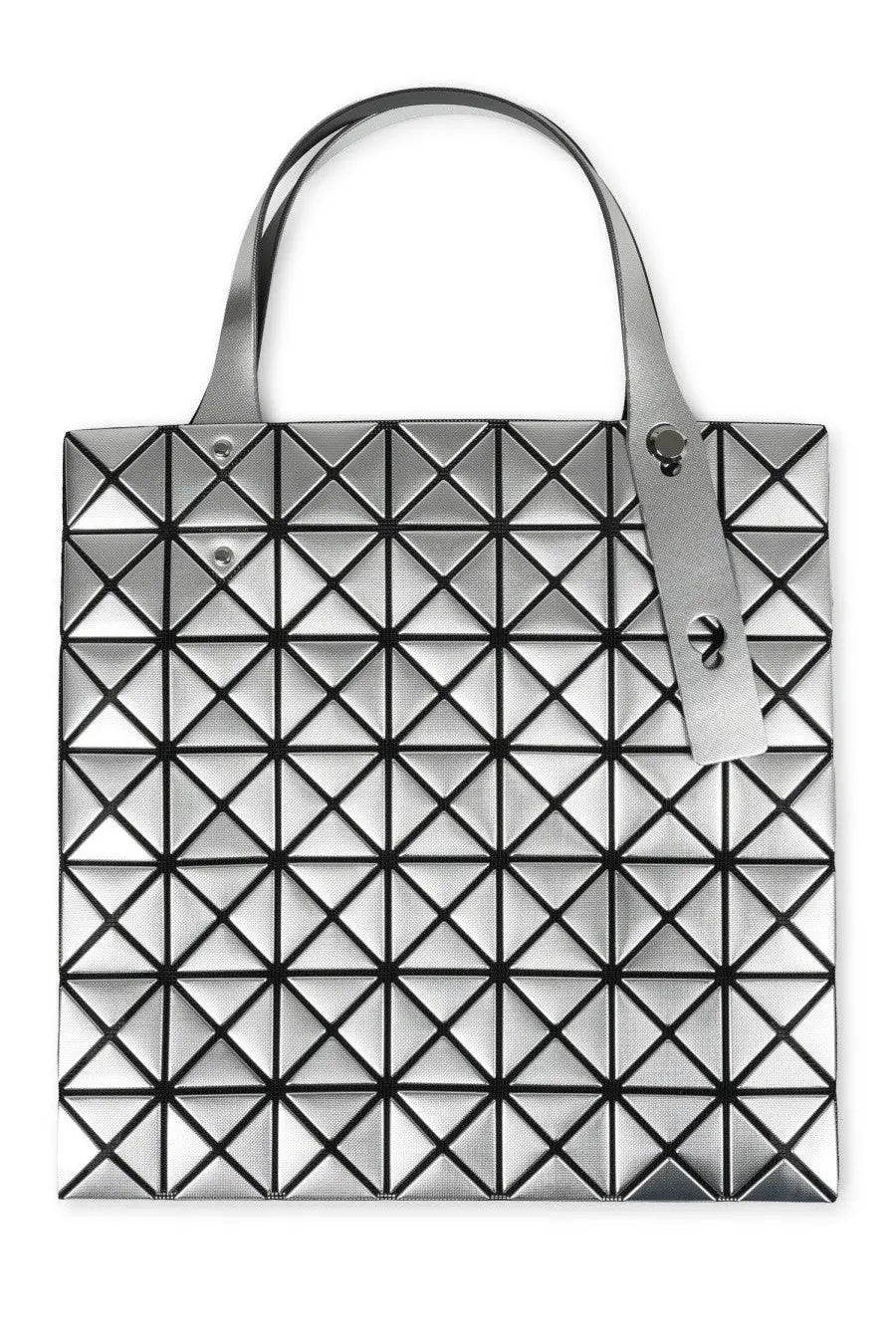 Silver geometric tote bag with triangular pattern and metallic handles from bao bao issey miyake women’s platinum collection