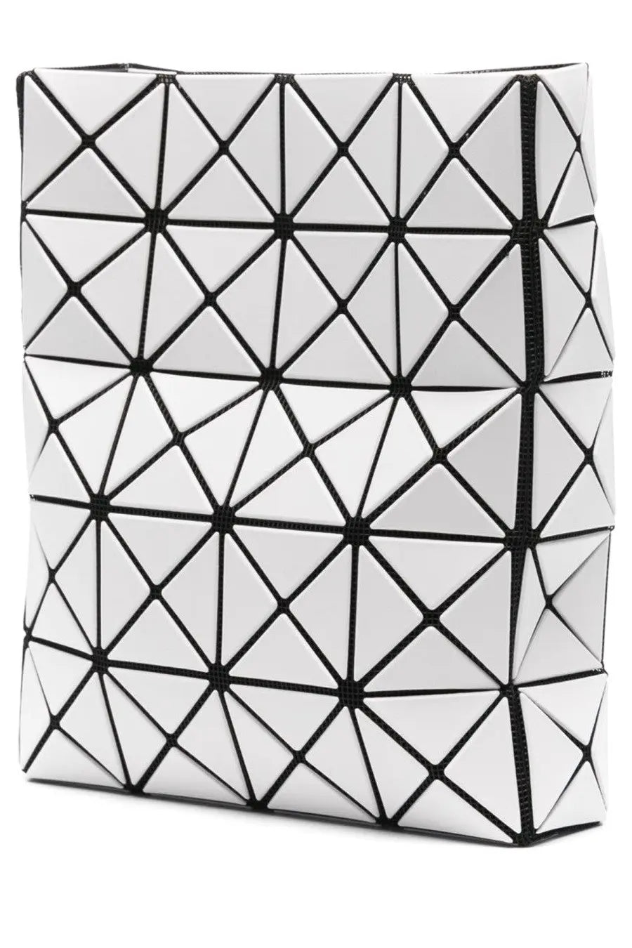 Bao bao issey miyake women’s prism matte white bag with white geometric triangle pattern and black stitching seams