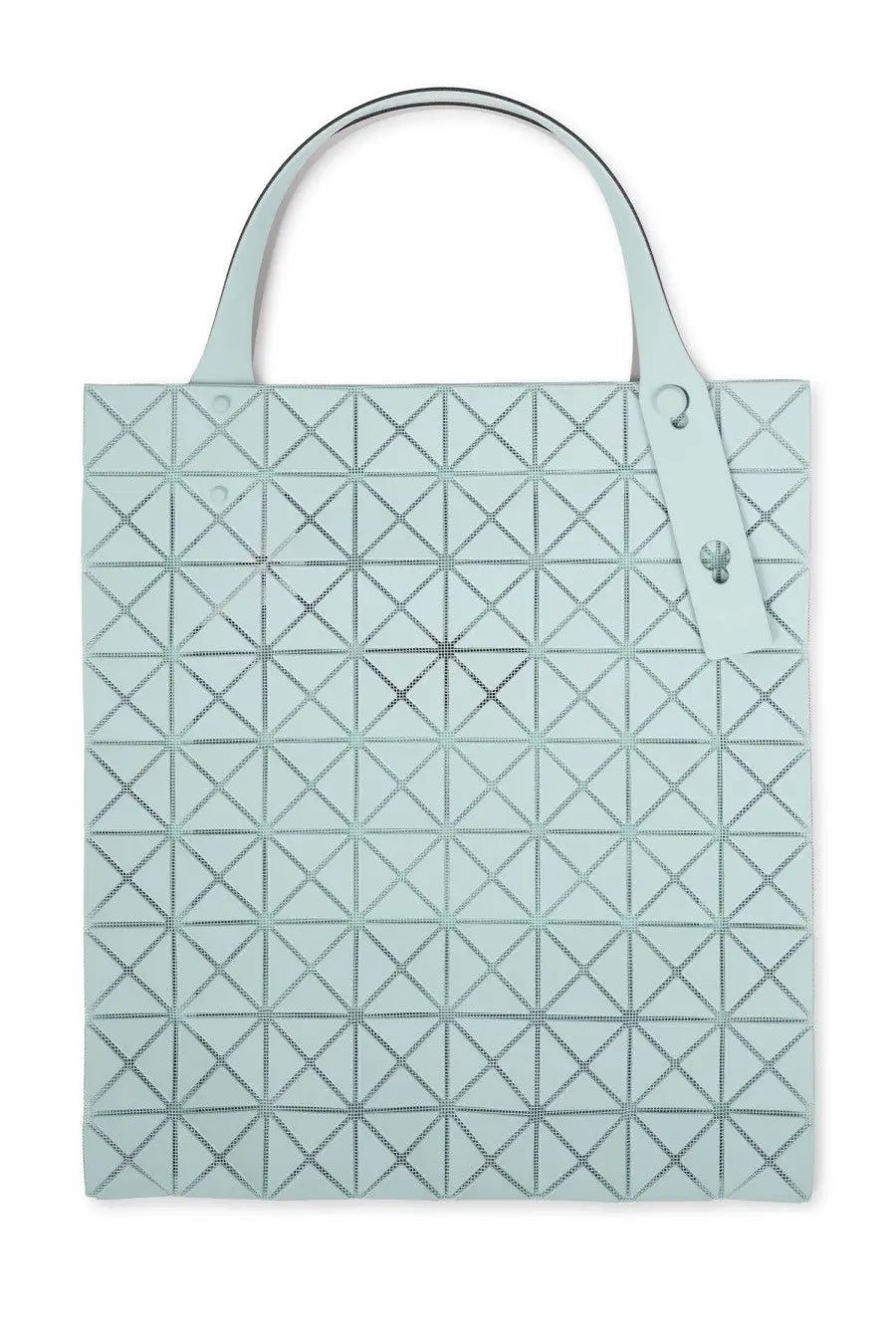 Bao bao issey miyake women’s prism plus bag in blue with light blue geometric pattern and silver metallic stitching and handles