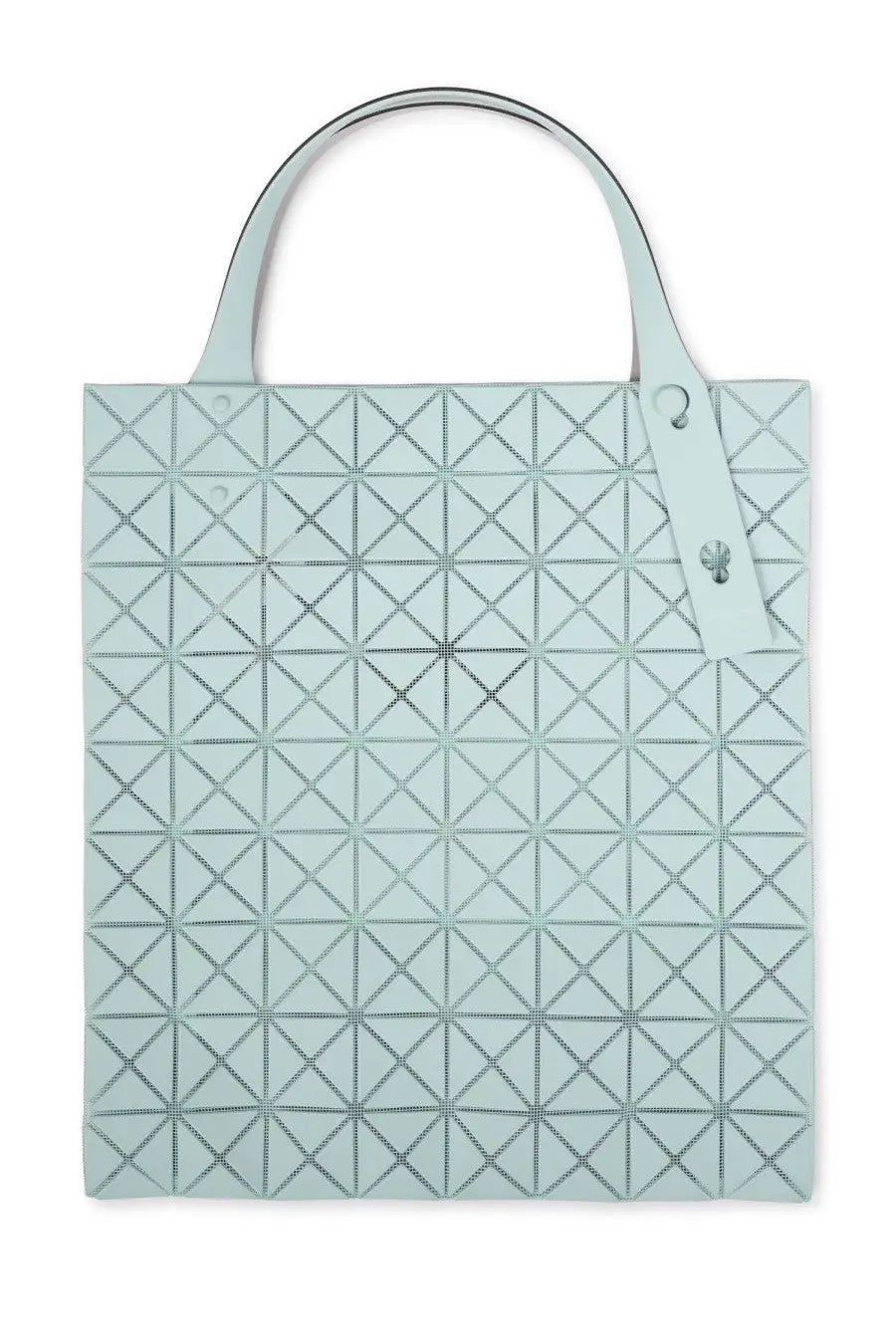 Light blue geometric tote bag with silver-toned triangular stitching and matching handles from Bao Bao Issey Miyake