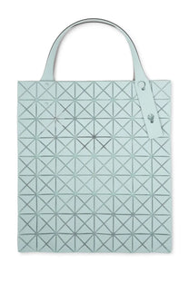 Light blue geometric tote bag with silver-toned triangular stitching and matching handles by Bao Bao Issey Miyake