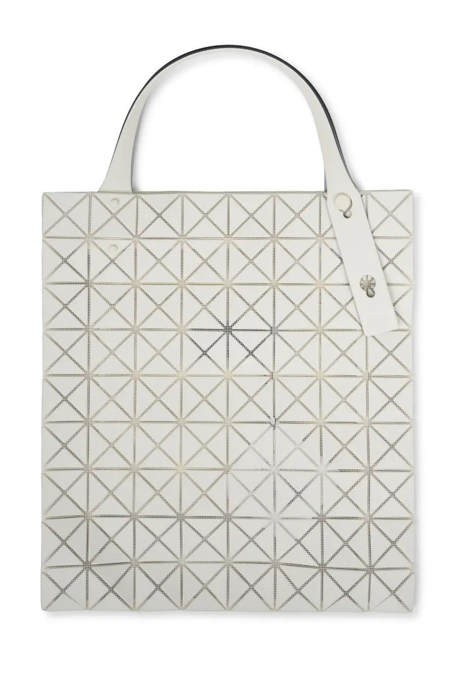Bao bao issey miyake women’s prism plus white tote bag with white geometric pattern silver metallic stitching and handle