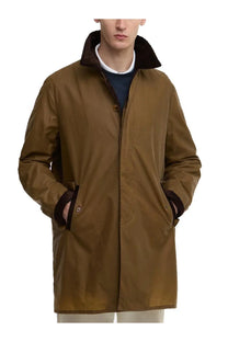 Baracuta men’s brown trench coat with dark brown shearling collar and cuffs featuring classic button front design