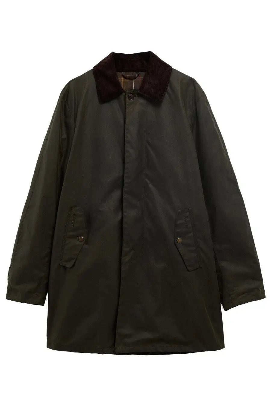 Baracuta men’s dark olive green waxed cotton coat with burgundy fleece collar and plaid lining featuring brass button pockets
