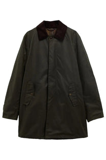 Baracuta men’s dark olive green waxed cotton coat with burgundy fleece collar and plaid lining featuring brass button pockets