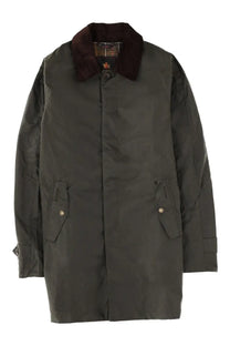 Dark olive green waxed cotton trench coat by baracuta featuring brown corduroy collar and plaid lining with brass buttons