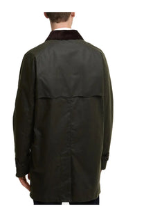 Dark olive green waxed cotton trench coat with contrasting dark brown corduroy collar by baracuta men